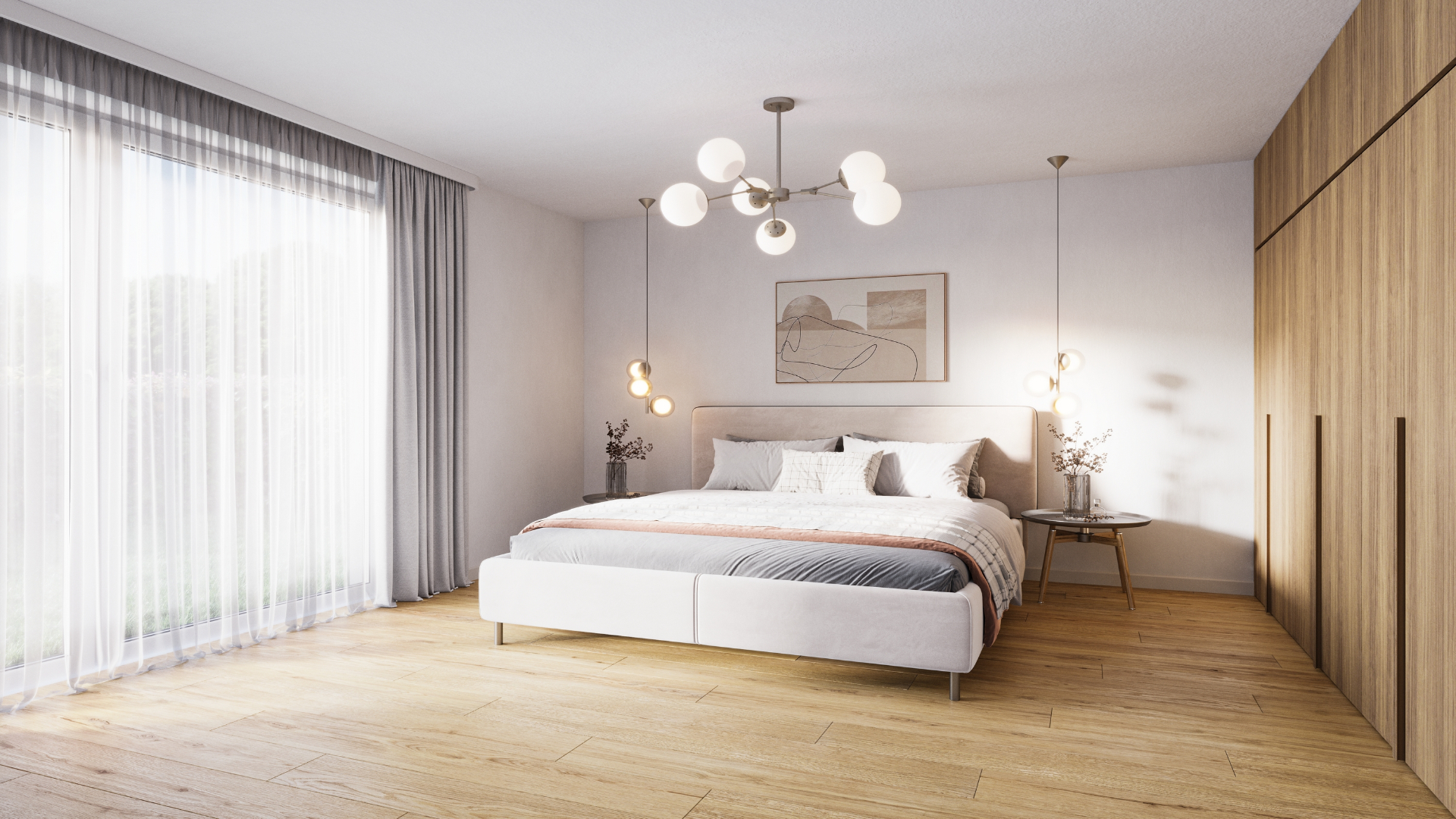 Schlafzimmer mit warmem Licht und hochwertigen Materialien
